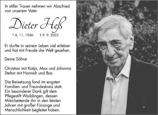 Traueranzeige von Dieter Heß von Waiblinger Kreiszeitung