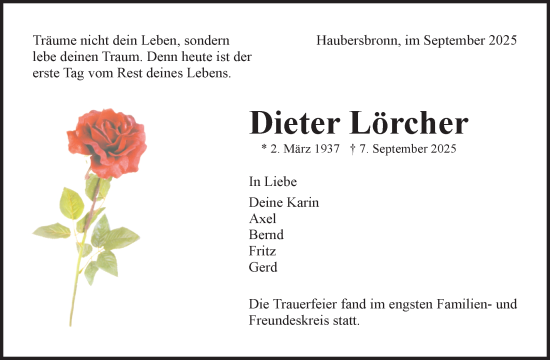 Traueranzeige von Dieter Lörcher von Waiblinger Kreiszeitung