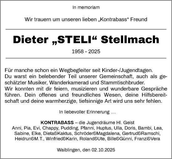 Traueranzeige von Dieter Stellmach von Waiblinger Kreiszeitung