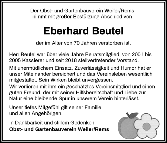 Traueranzeige von Eberhard Beutel von Waiblinger Kreiszeitung