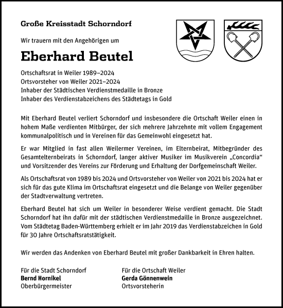 Traueranzeige von Eberhard Beutel von Waiblinger Kreiszeitung