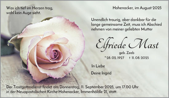 Traueranzeige von Elfriede Mast von Waiblinger Kreiszeitung