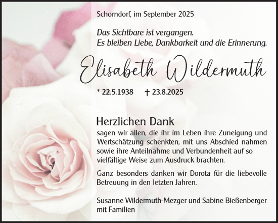 Traueranzeige von Elisabeth Wildermuth von Waiblinger Kreiszeitung