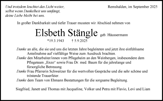 Traueranzeige von Elsbeth Stängle von Waiblinger Kreiszeitung