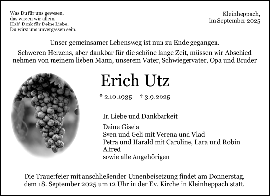 Traueranzeige von Erich Utz von Waiblinger Kreiszeitung