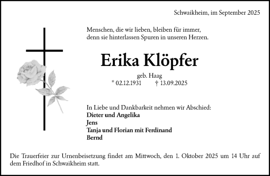 Traueranzeige von Erika Klöpfer von Waiblinger Kreiszeitung