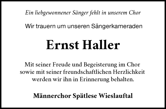 Traueranzeige von Ernst Haller von Waiblinger Kreiszeitung