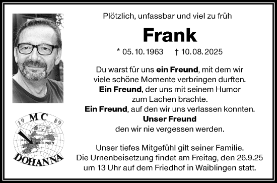 Traueranzeige von Frank  von Waiblinger Kreiszeitung