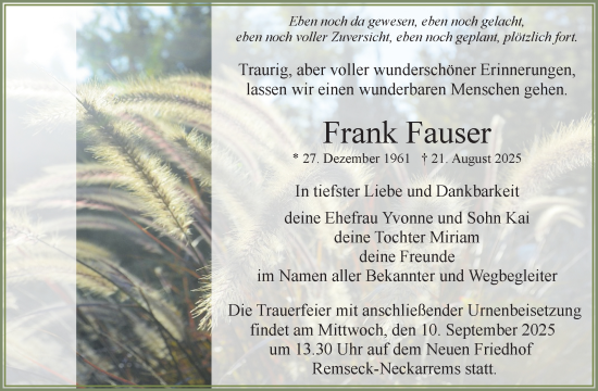 Traueranzeige von Frank Fauser von Waiblinger Kreiszeitung