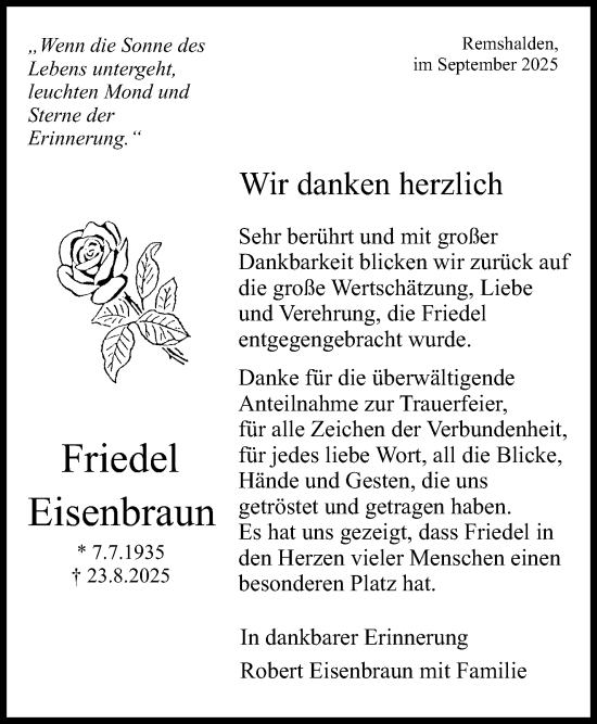 Traueranzeige von Friedel Eisenbraun von Waiblinger Kreiszeitung
