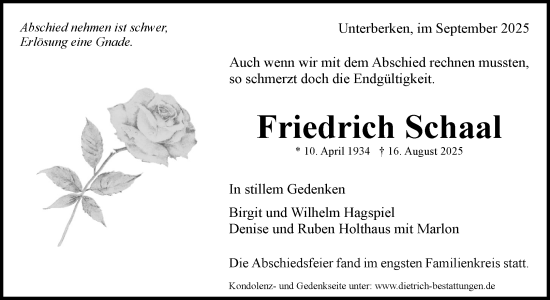Traueranzeige von Friedrich Schaal von Waiblinger Kreiszeitung