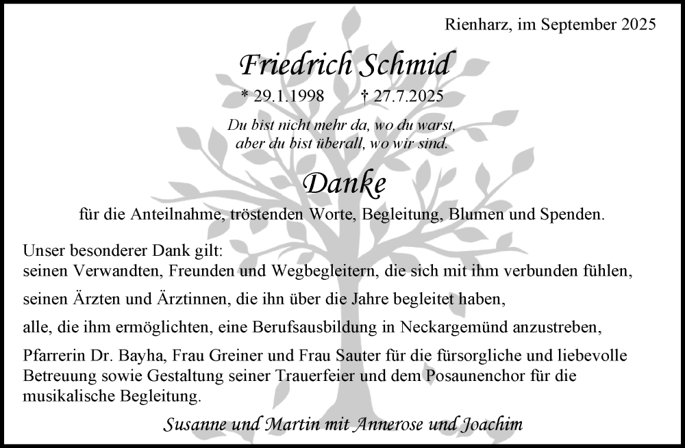  Traueranzeige für Friedrich Schmid vom 05.09.2025 aus Waiblinger Kreiszeitung