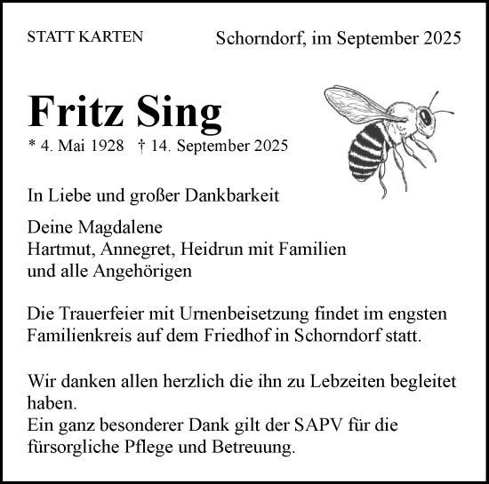 Traueranzeige von Fritz Sing von Waiblinger Kreiszeitung