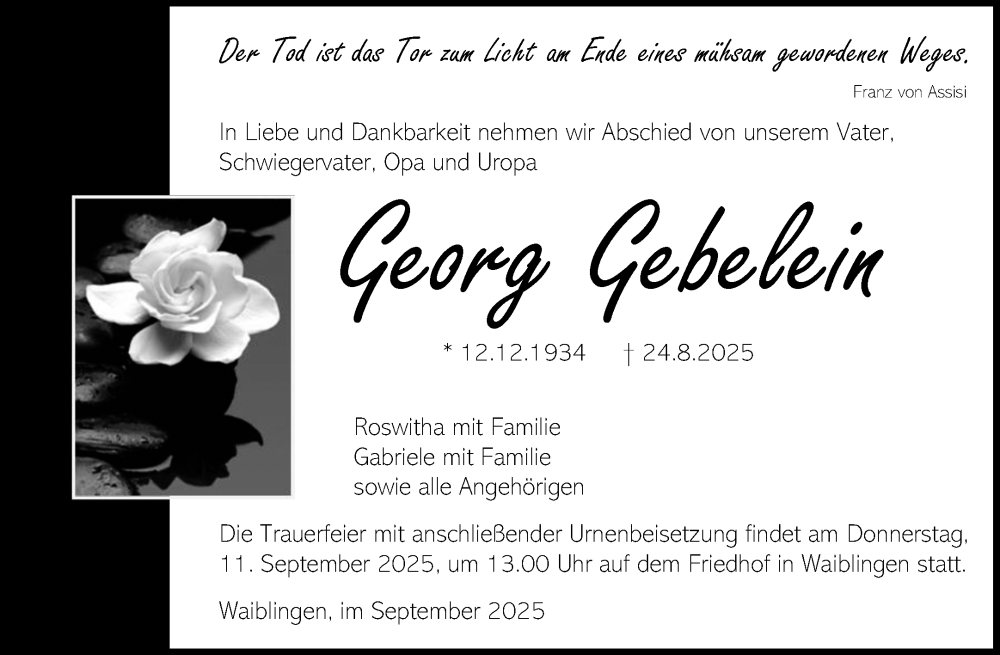  Traueranzeige für Georg Gebelein vom 03.09.2025 aus Waiblinger Kreiszeitung