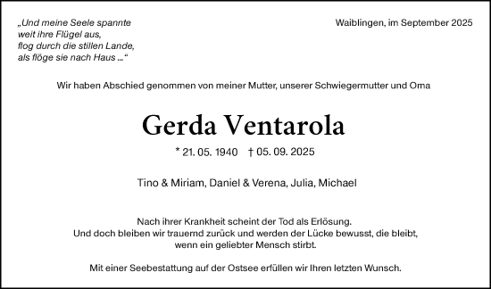 Traueranzeige von Gerda Ventarola von Waiblinger Kreiszeitung