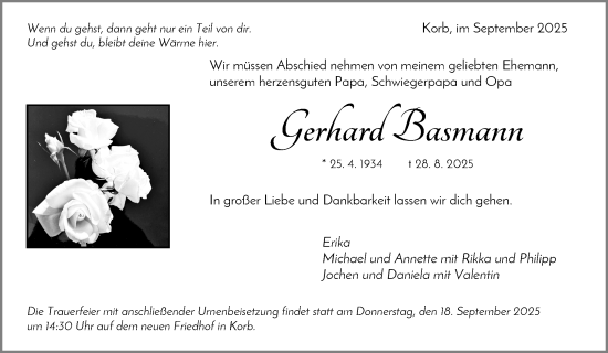 Traueranzeige von Gerhard Basmann von Waiblinger Kreiszeitung
