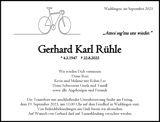 Traueranzeige von Gerhard Karl Rühle von Waiblinger Kreiszeitung
