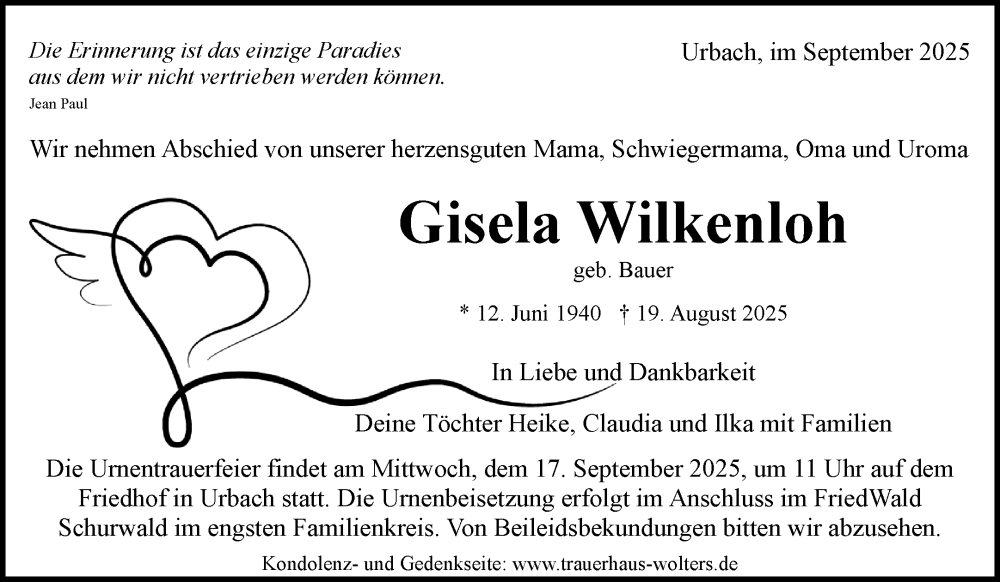  Traueranzeige für Gisela Wilkenloh vom 06.09.2025 aus Waiblinger Kreiszeitung