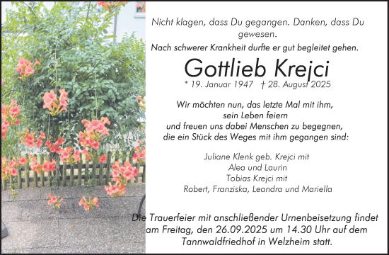 Traueranzeige von Gottlieb Krejci von Waiblinger Kreiszeitung