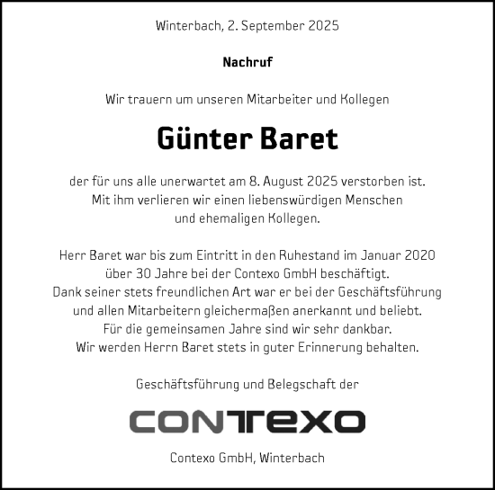 Traueranzeige von Günter Baret von Waiblinger Kreiszeitung