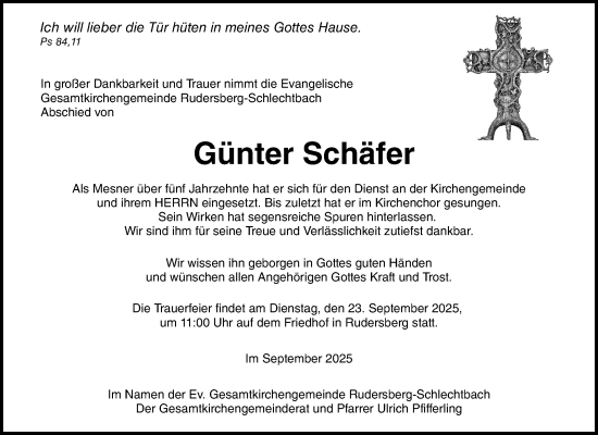 Traueranzeige von Günter Schäfer von Waiblinger Kreiszeitung