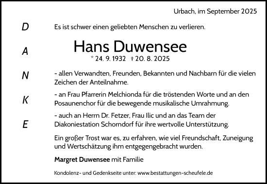 Traueranzeige von Hans Duwensee von Waiblinger Kreiszeitung