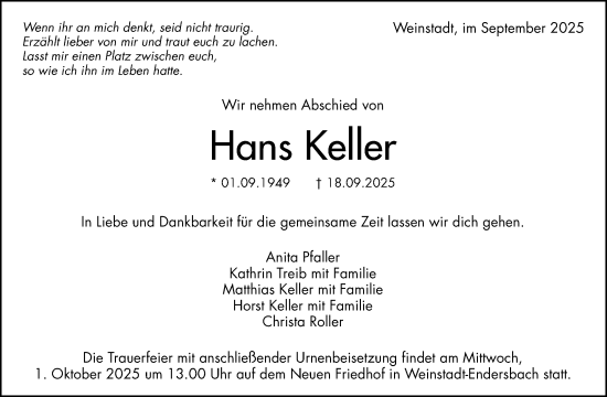 Traueranzeige von Hans Keller von Waiblinger Kreiszeitung