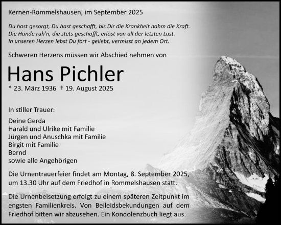 Traueranzeige von Hans Pichler von Waiblinger Kreiszeitung
