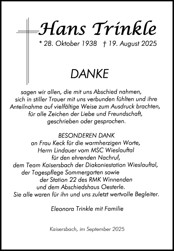  Traueranzeige für Hans Trinkle vom 19.09.2025 aus Waiblinger Kreiszeitung