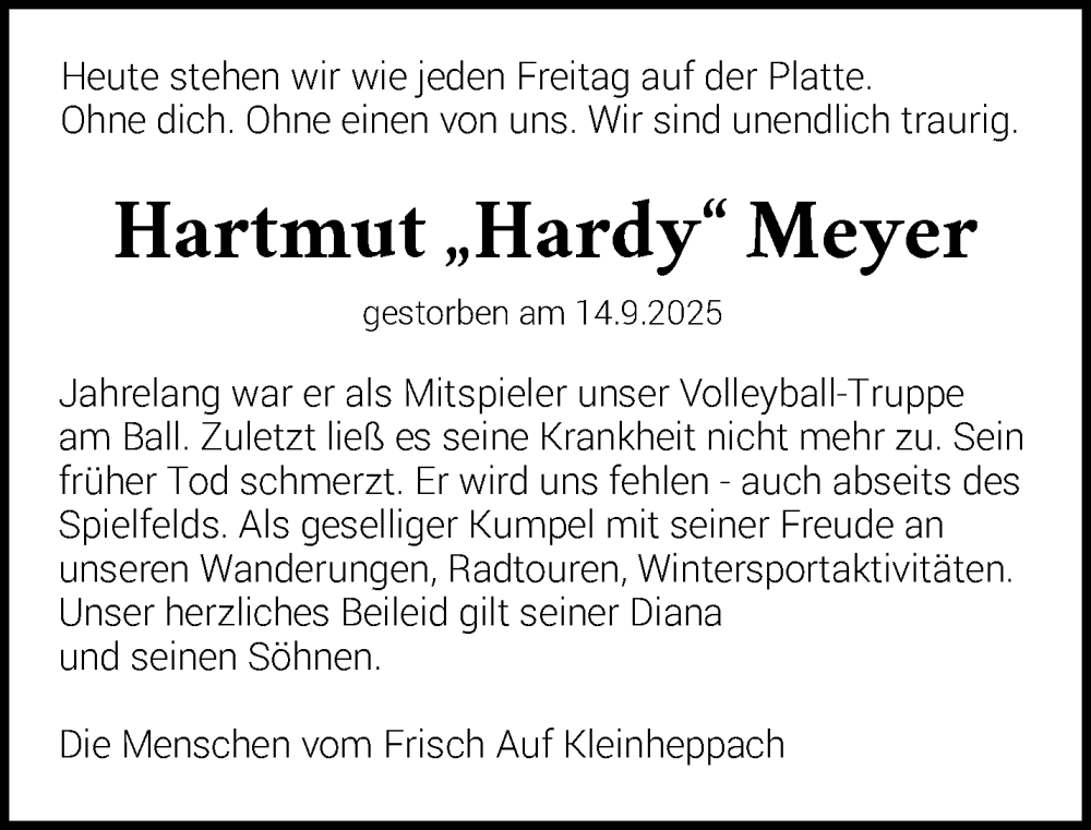  Traueranzeige für Hartmut Meyer vom 26.09.2025 aus Waiblinger Kreiszeitung