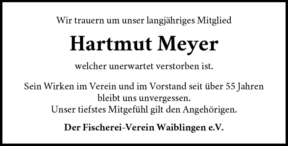  Traueranzeige für Hartmut Meyer vom 25.09.2025 aus Waiblinger Kreiszeitung