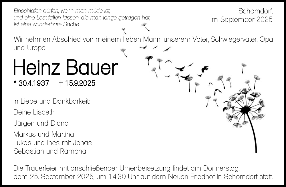  Traueranzeige für Heinz Bauer vom 19.09.2025 aus Waiblinger Kreiszeitung