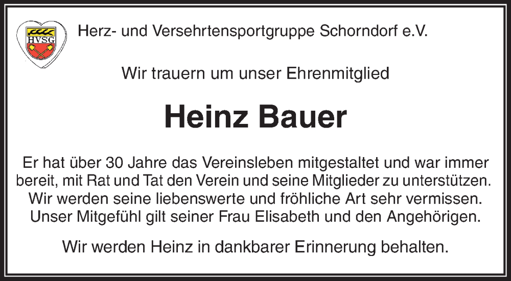  Traueranzeige für Heinz Bauer vom 20.09.2025 aus Waiblinger Kreiszeitung