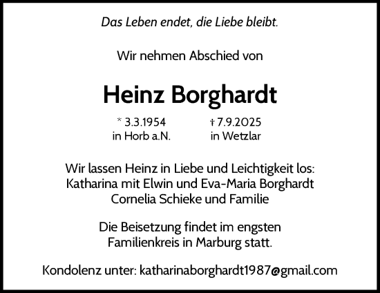 Traueranzeige von Heinz Borghardt von Waiblinger Kreiszeitung