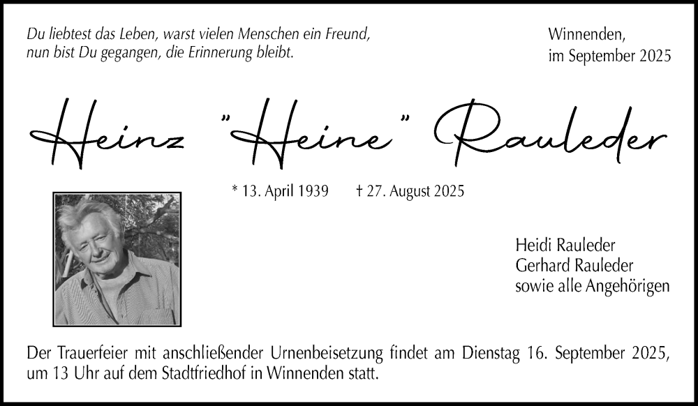  Traueranzeige für Heinz Rauleder vom 09.09.2025 aus Waiblinger Kreiszeitung