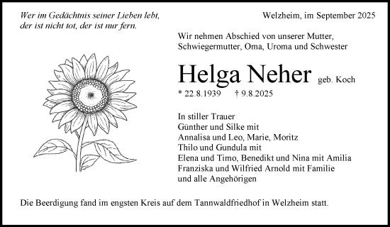 Traueranzeige von Helga Neher von Waiblinger Kreiszeitung