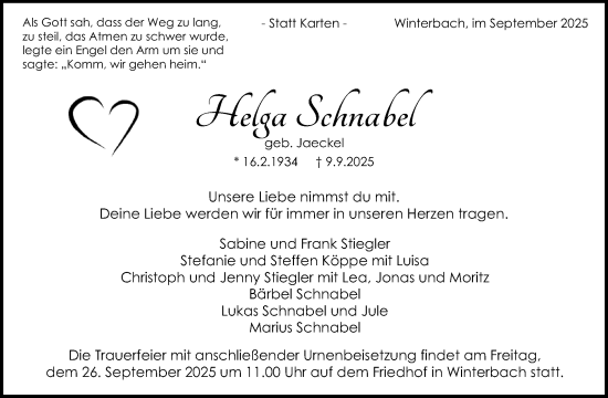 Traueranzeige von Helga Schnabel von Waiblinger Kreiszeitung
