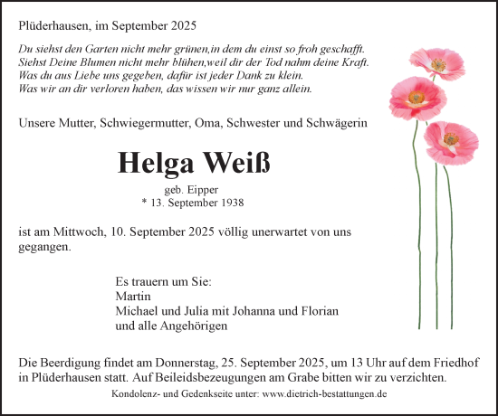 Traueranzeige von Helga Weiß von Waiblinger Kreiszeitung