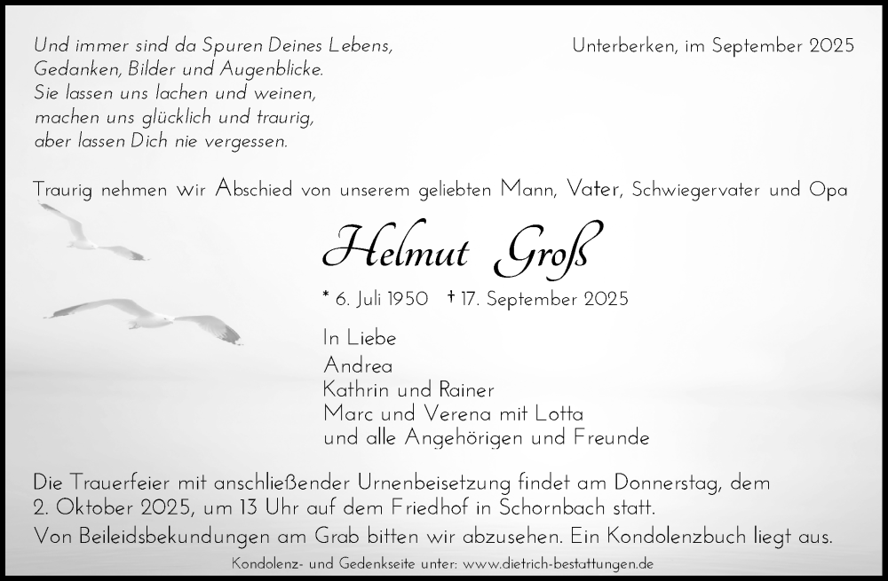  Traueranzeige für Helmut Groß vom 27.09.2025 aus Waiblinger Kreiszeitung