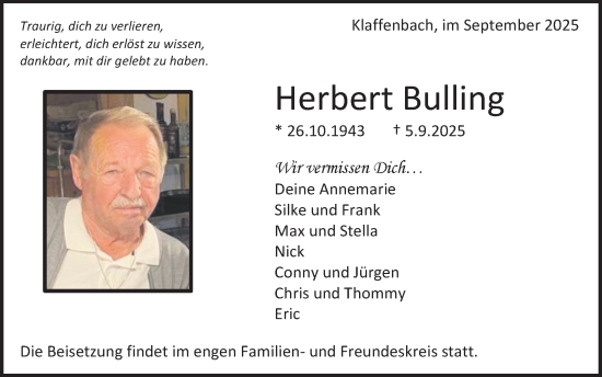 Traueranzeige von Herbert Bulling von Waiblinger Kreiszeitung