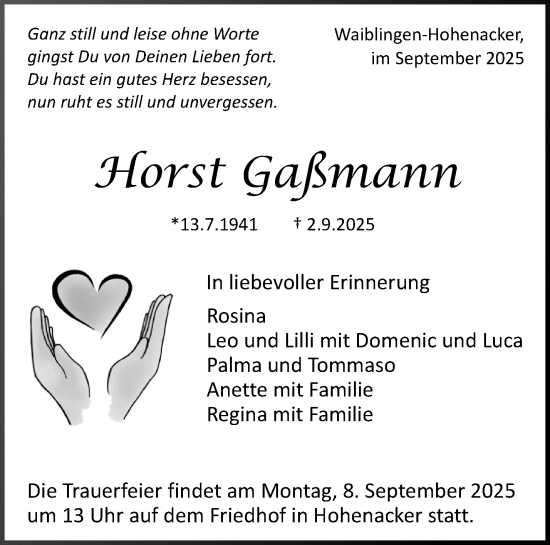 Traueranzeige von Horst Gaßmann von Waiblinger Kreiszeitung