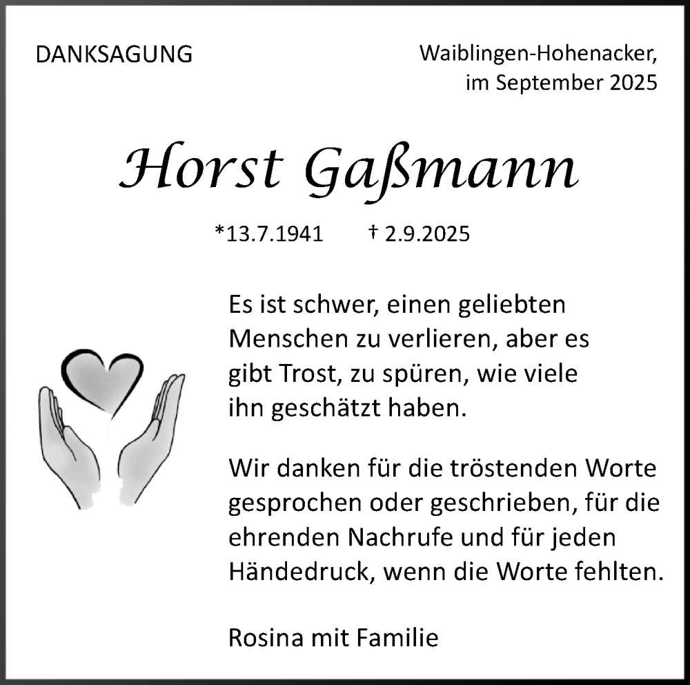  Traueranzeige für Horst Gaßmann vom 17.09.2025 aus Waiblinger Kreiszeitung