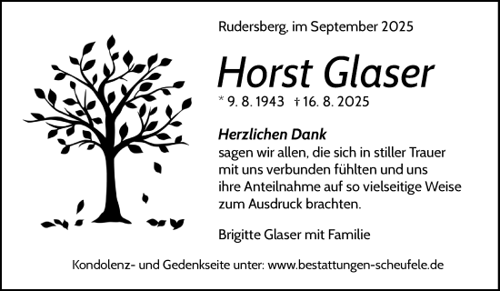 Traueranzeige von Horst Glaser von Waiblinger Kreiszeitung