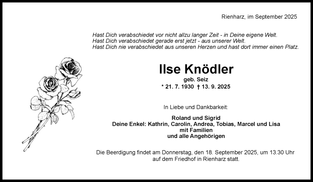  Traueranzeige für Ilse Knödler vom 16.09.2025 aus Waiblinger Kreiszeitung