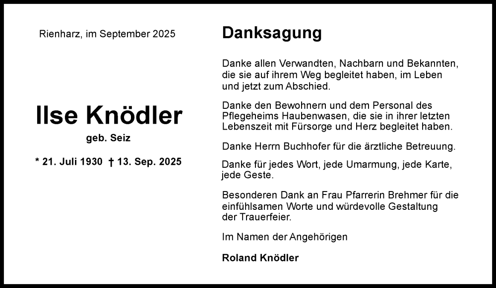  Traueranzeige für Ilse Knödler vom 27.09.2025 aus Waiblinger Kreiszeitung