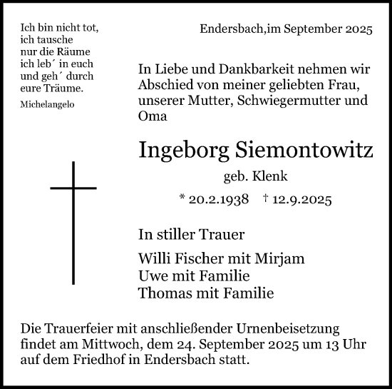 Traueranzeige von Ingeborg Siemontowitz von Waiblinger Kreiszeitung