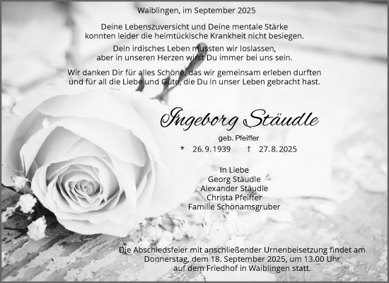 Traueranzeige von Ingeborg Stäudle von Waiblinger Kreiszeitung