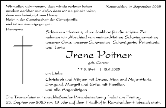 Traueranzeige von Irene Poitner von Waiblinger Kreiszeitung