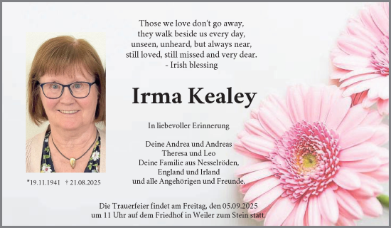 Traueranzeige von Irma Kealey von Waiblinger Kreiszeitung