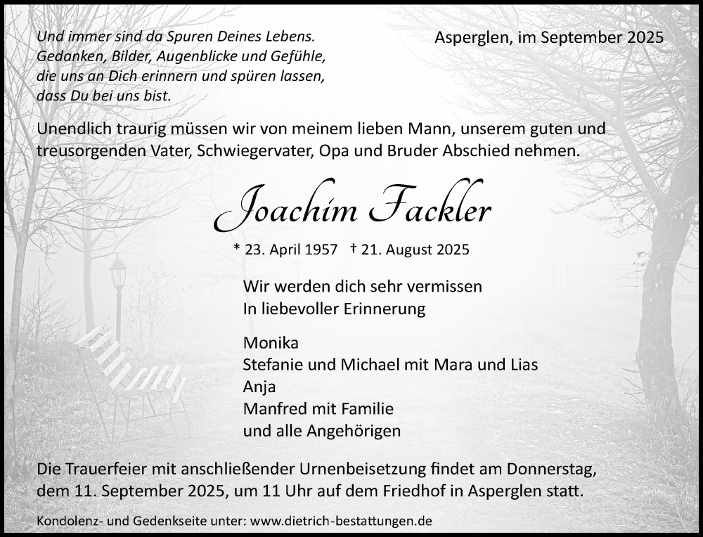  Traueranzeige für Joachim Fackler vom 06.09.2025 aus Waiblinger Kreiszeitung